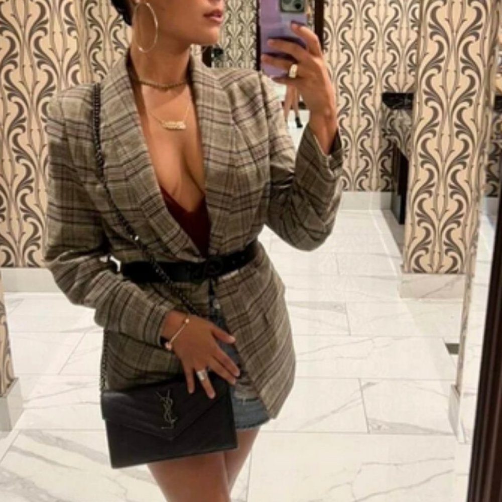 Plaid Flap Detail  Shawl Collar Blazer Jacket work office Business Chic - Picture 2 of 16